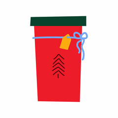 Christmas gift in scandinavian style. Red, green color present isolated on white background. New Year greeting card. Decorated box with ribbon, tree ornament, label. Vector cute holiday illustration