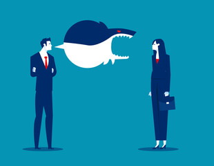 Manager screams and flies out angry shark. Business vector illustration