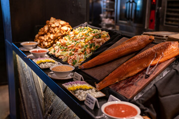 seafood buffet items on display