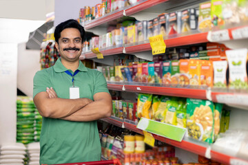 Salesman at grocery store products