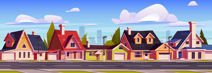 Suburb houses, suburban street with residential cottages and city skyline, countryside two storey buildings with garages. Home facades with green trees and asphalt road. Cartoon vector illustration © klyaksun