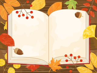 読書の秋をイメージした植物と本を組み合わせたイラスト