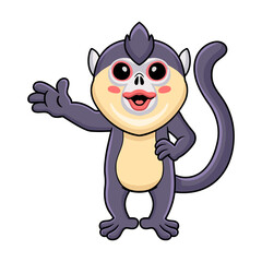 Cute little snub nosed monkey cartoon waving hand
