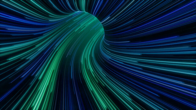 Abstract Neon Lights Tunnel with Blue, Purple and Green Stripes. 3D Render.