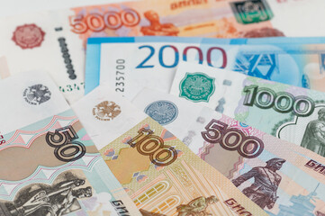 Russian rubles background. Money background and texture. Banknotes of different denominations