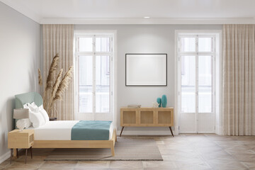 A bright bedroom with a blank horizontal poster on the wall between the balcony doors, decor on a wooden sideboard with a rattan door, spikelets near the bed, and a lamp on the bedside table.3d render