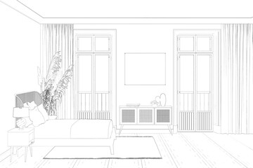 A sketch of the bedroom with a horizontal poster on the wall between the balcony doors, decor on a sideboard with a rattan door, large spikes near the bed, and a lamp on the bedside table. 3d render