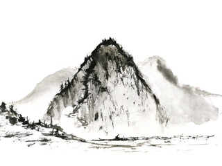 Fototapeta na wymiar Watercolor painting ink landscape mountain fog . Traditional chinese painting. asian art style. isolated on a white background 
