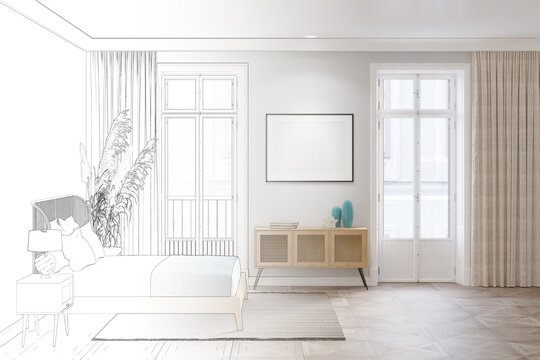 A sketch becomes a bedroom with a blank horizontal poster on the wall between the balcony doors, decor on a sideboard with a rattan door, spikelets near the bed, a lamp on the bedside table. 3d render