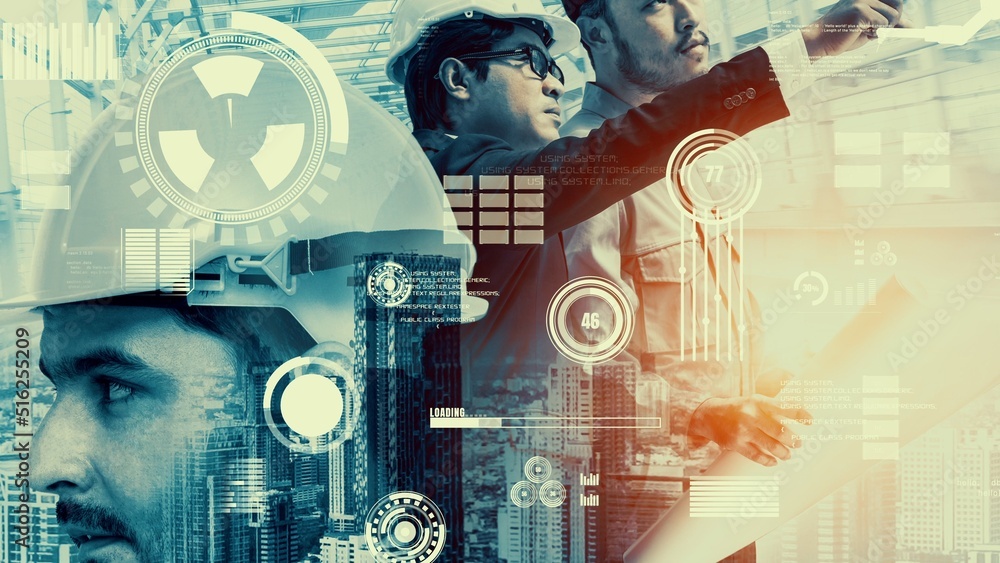 Poster future building construction and inventive engineering project concept with hud hologram graphic des