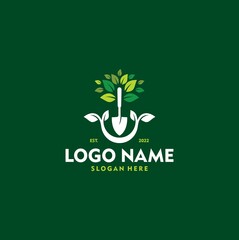 Farm and Ranch logo shovel tree leaf spade nature green logo agriculture vector icon illustration