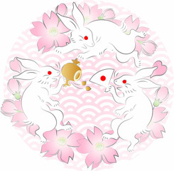 年賀状素材　2023　正月　卯年　卯　うさぎ　桜　墨絵　日本画　かわいい　シンプル　イラスト
