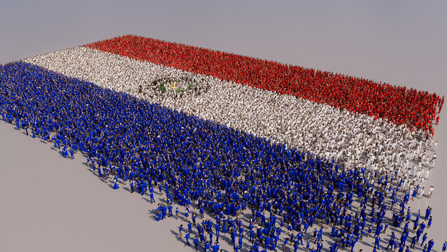 Aerial view of a Crowd of People, coming together to form the Flag of Paraguay. Paraguayan Banner on White Background.