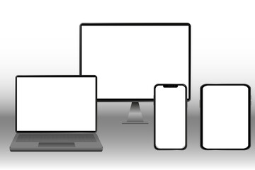 Fototapeta na wymiar Computer laptop television hand phone tablet isolated mockup white background