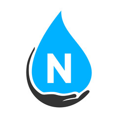 Letter N Hand and Water Logo Concept. Water Care Logo Vector Template