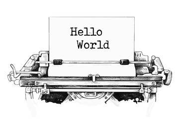 Hello World typed words on a vintage typewriter. Close up.