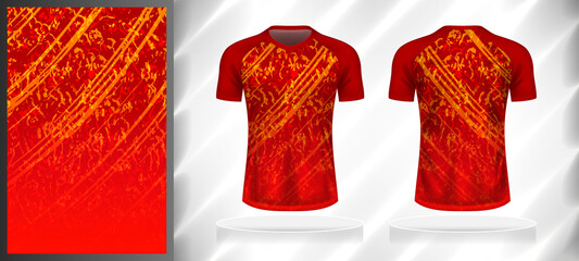 Vector sport pattern design template for V-neck T-shirt front and back with short sleeve view mockup. Red-orange-yellow color gradient abstract texture background illustration.
