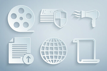 Set Earth globe, Hair dryer, Upload file, Paper scroll, Money protection and Film reel icon. Vector