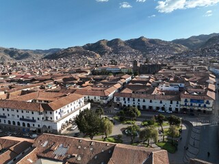 Fototapeta na wymiar Aerial View of Cusco Peru with the historic downtown and Cathedral