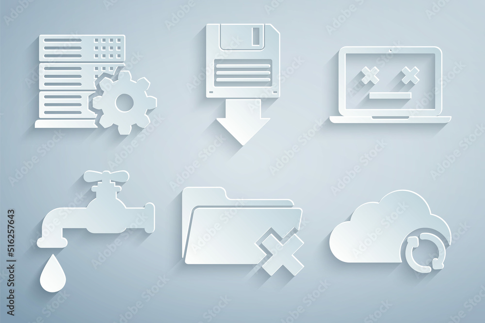 Poster set delete folder, dead laptop, water tap, cloud sync refresh, floppy disk backup and server setting