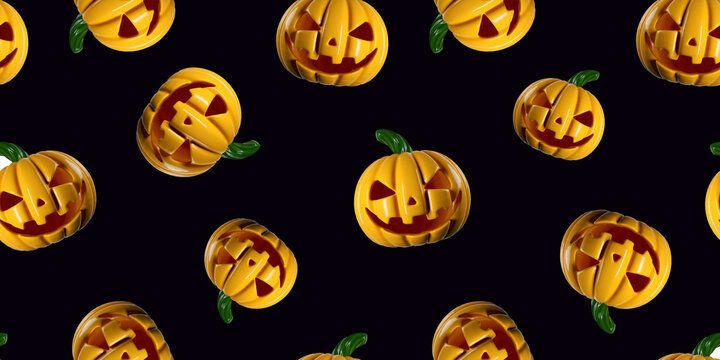 Halloween yellow scary pumpkin seamless pattern on black background.