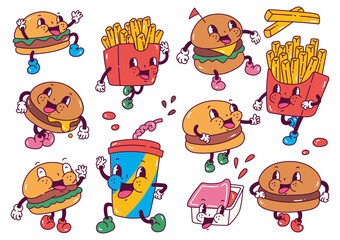 Set of burger and french fries in retro cartoon style illustration, vintage character vector art collection - obrazy, fototapety, plakaty