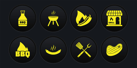 Set Barbecue fire flame, shopping building, Sausage, Crossed fork and spatula, Hot chili pepper pod, grill, Steak meat and Ketchup bottle icon. Vector