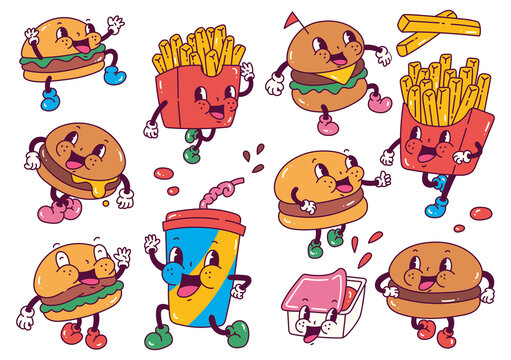 Set of burger and french fries in retro cartoon style illustration, vintage character vector art collection