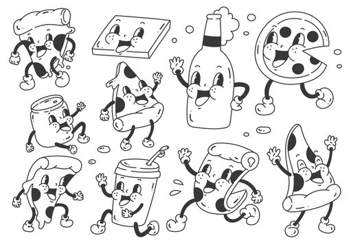 Naklejka Set of pizza in retro cartoon style illustration, vintage character vector art collection