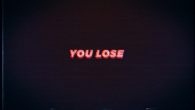 YOU LOSE text glitch effects concept for video games screen. YOU LOSE! Retro text effects with VHS background