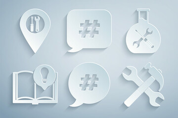 Set Hashtag speech bubble, Bioengineering service, Interesting facts, Crossed hammer and wrench, and Location icon. Vector
