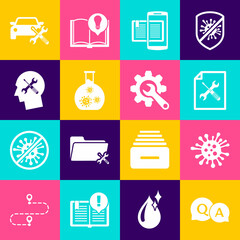 Set Question and Answer, Bacteria, File document service, Smartphone book, Test tube with virus, Human head, Car and Wrench gear icon. Vector