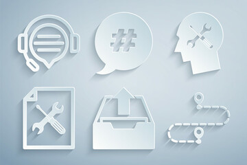 Set Upload inbox, Human head service, File document, Route location, Hashtag speech bubble and Headphones with chat icon. Vector