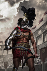 Art of antique arena fighter dressed in red cape and plumed helmet posing in coliseum.