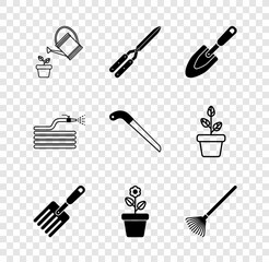 Set Watering can, Gardening handmade scissor, trowel spade shovel, fork, Flower pot, rake leaves, hose fire hose and saw icon. Vector