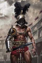 Shot of ancient roman gladiator dressed in light armor and plumed helmet hoding gladius.