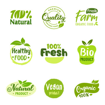 Premium organic food eco bio logo badge quality farm fresh and natural ecology icon template, hand drawn healthy vegan sign label element set