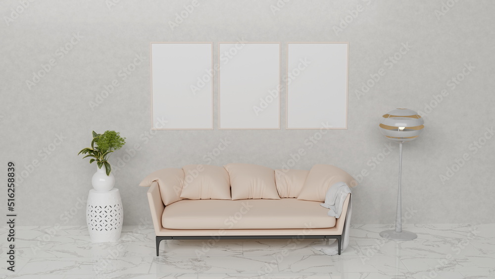 Wall mural home interior mockup background. three vertical empty wooden frames, pink sofa. poster mock up in co