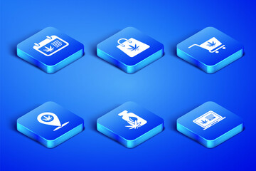 Set Online buying marijuana, Calendar and, Marijuana or cannabis leaf oil, Location, Shopping bag of and cart with icon. Vector