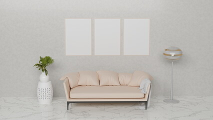 Home interior mockup background. Three vertical empty wooden frames, pink sofa. Poster mock up in contemporary home decoration. Free copy space. 3D render