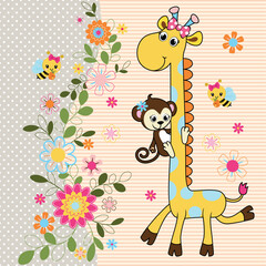 Vector illustration of a cute cartoon giraffe decorated with flowers