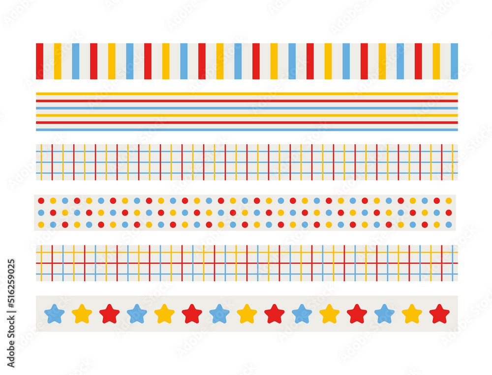 Poster set of border lines with colorful stripes, checks, dots and stars pattern illustration.