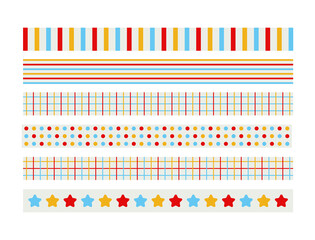 Set of border lines with colorful stripes, checks, dots and stars pattern illustration.