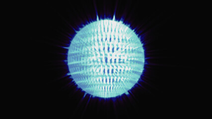 A glowing blue sphere with rays on a black background.