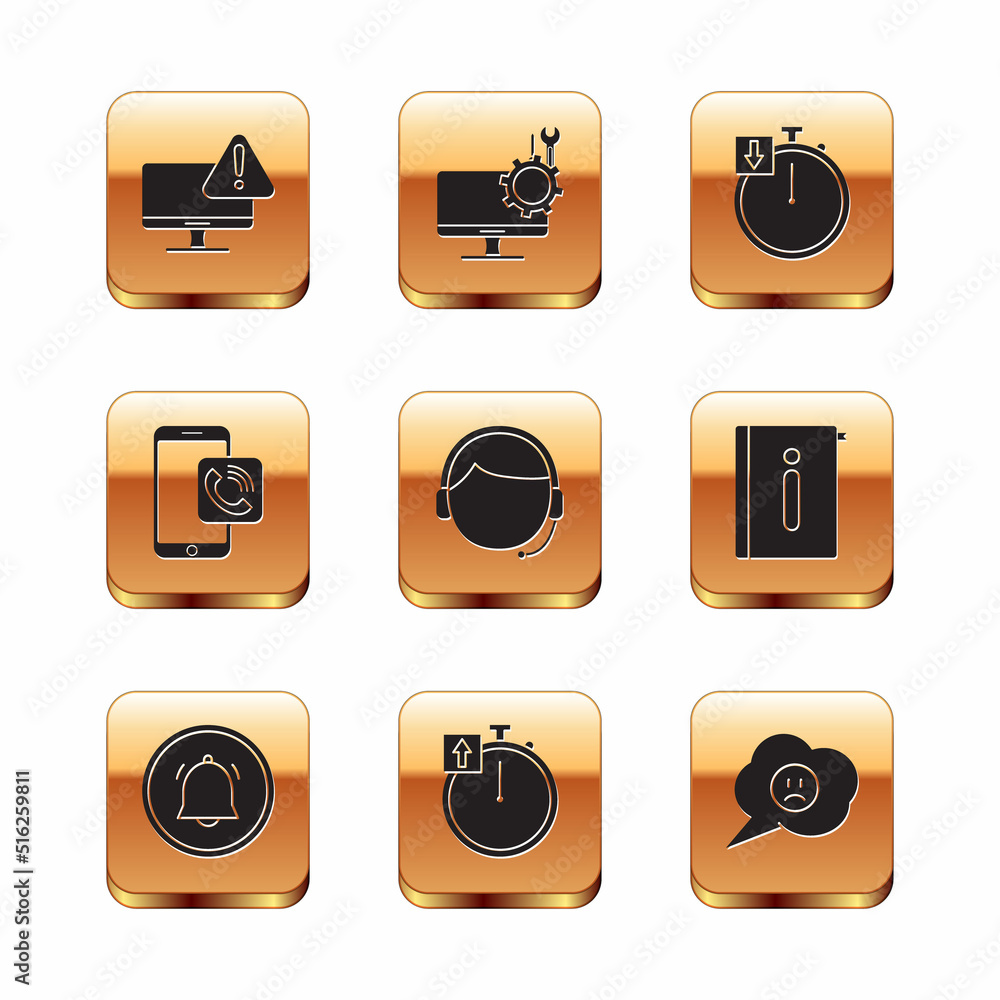 Poster set monitor with exclamation mark, button chat notification, stopwatch, man headset, mobile phone ca