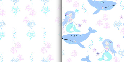 Cute vector illustration of a mermaid, a starfish and a fish. Template for various types of printing. Cute pictures for patterns, textiles, printing and postcards.
Web