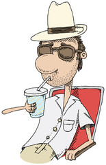 A grizzled, undercover detective sipping a drink through a star in summer vacation clothes.