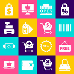 Set Handbag, Price tag with text Free, Barcode, Shopping building open, Sale, Cash register machine, Shoping dollar and cart icon. Vector