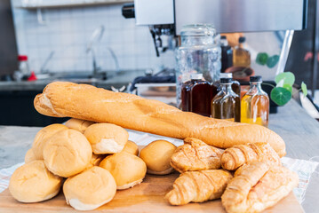 Shot of daily fresh bread bakery on counter bar for food sale in cafe. 