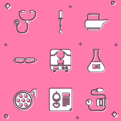 Set Stethoscope, Pipette, Bedpan, Safety goggle glasses, X-ray machine, Test tube and flask, Surgery lamp and shots icon. Vector